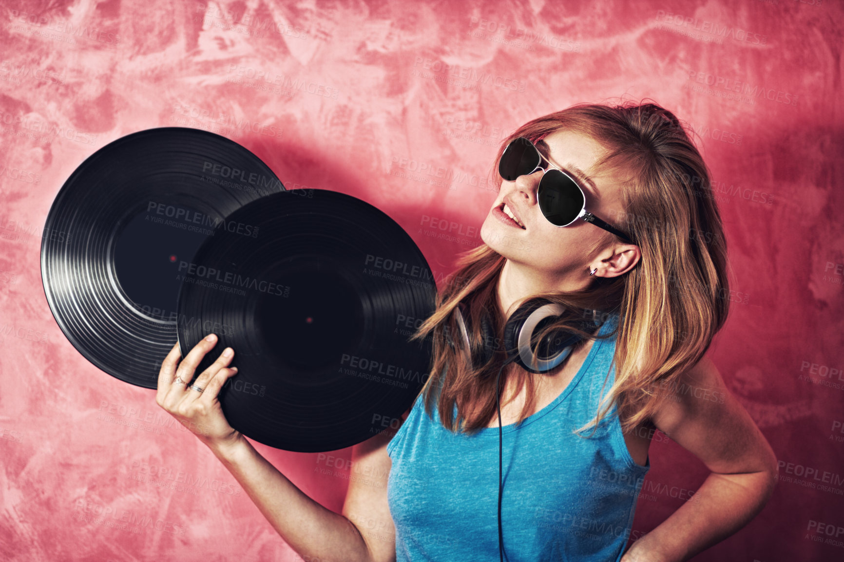 Buy stock photo DJ woman, mixer and sunglasses with vinyl records, vision and thinking for career at club, studio or party. Girl, music and party with ideas, headphones and mindset for event, celebration and job