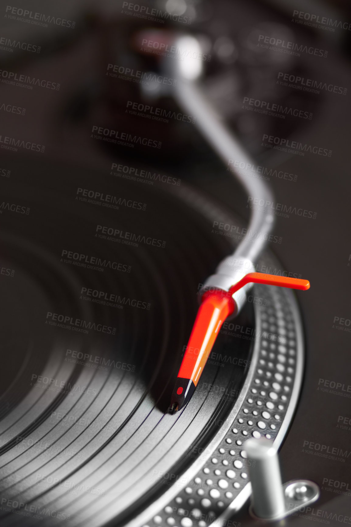 Buy stock photo Closeup, turntable and vinyl for music system, professional dj job and needle for sound, party and vintage audio gear. Zoom, retro record player and disc for scratch, spinning and club for listening