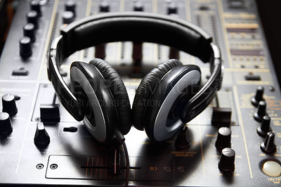 Buy stock photo Closeup of a soundboard and headphones
