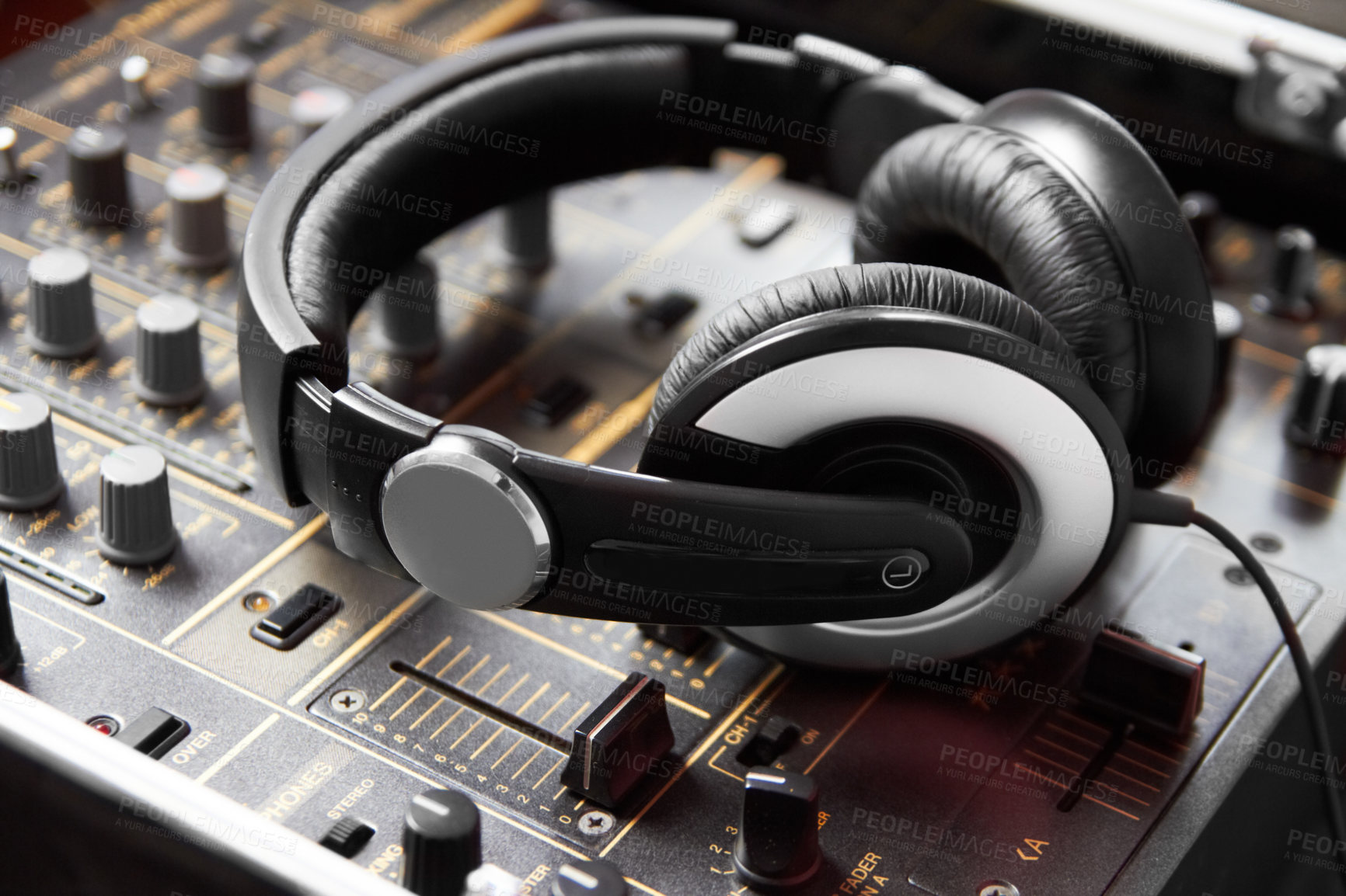 Buy stock photo Headphones, mixer and sound engineering equipment in a recording studio for music production closeup. DJ, control and creative with audio technology from above to produce for radio broadcasting