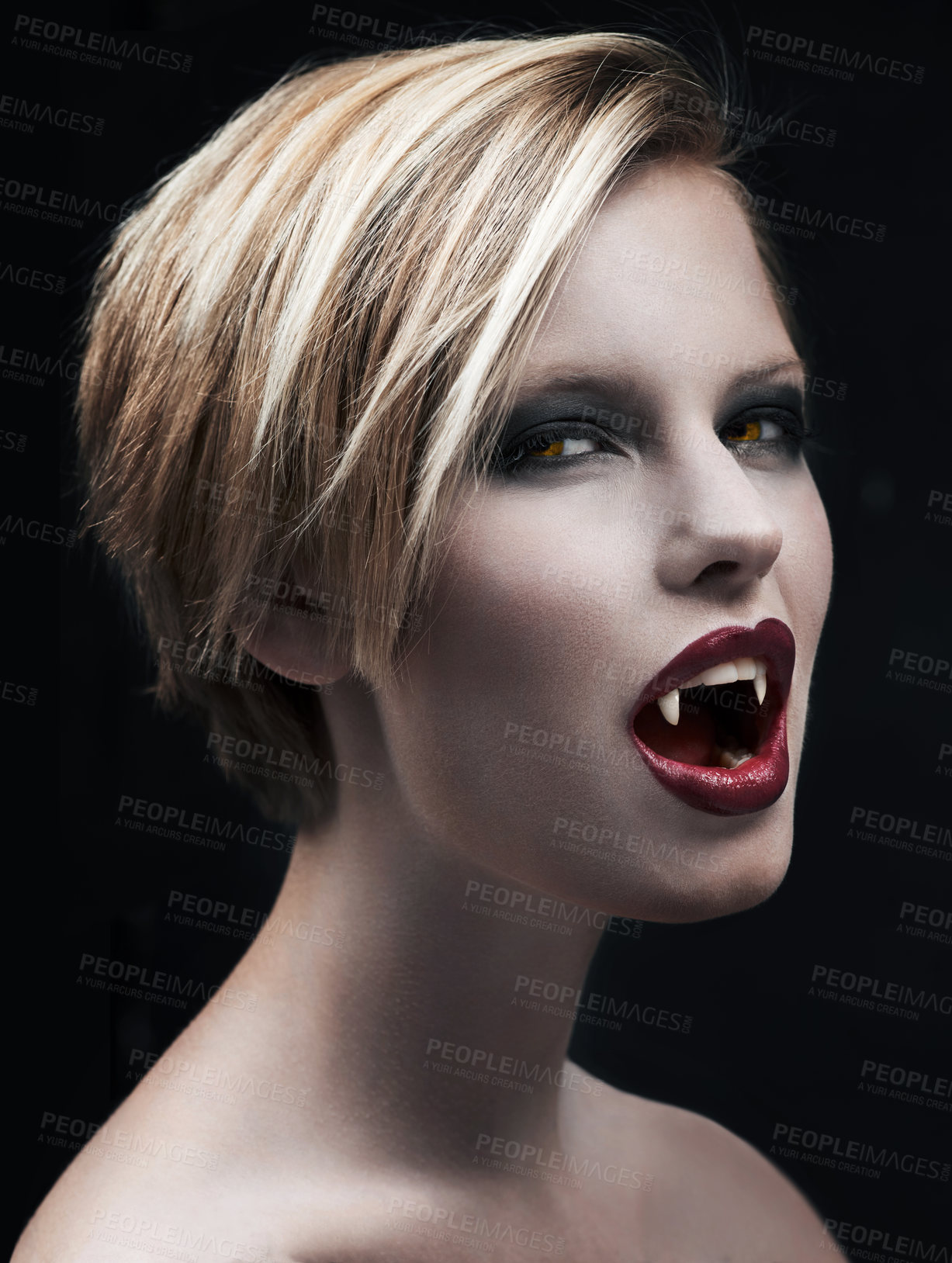 Buy stock photo Portrait, fangs and female vampire in studio on dark background for halloween or cosplay. Fantasy, horror or scary with attractive young woman monster posing as an evil villain with creative makeup