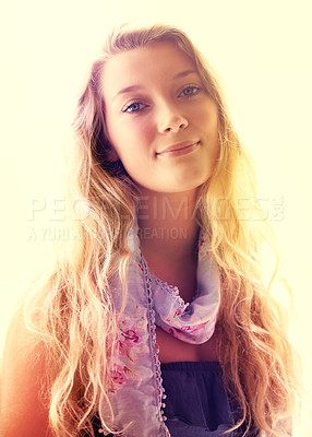 Buy stock photo Portrait, smile and filter with a hipster woman outdoor on a light background for beauty or fashion. Face, boho and a happy young blonde person in a scarf looking confident in the season of summer