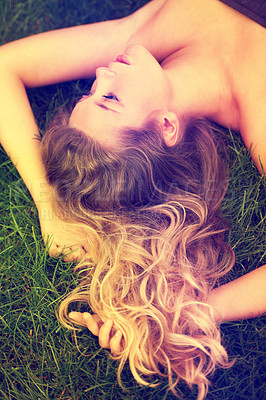 Buy stock photo Thinking, hair and a woman on the grass from above to relax in nature during summer for freedom. Idea, beauty and a girl in the park, lying on a field outdoor to rest on a green background alone