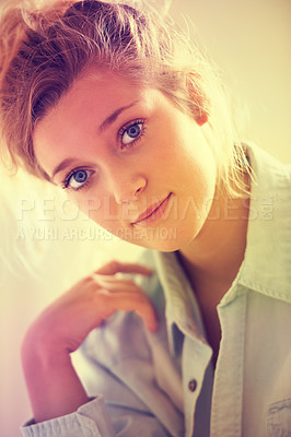 Buy stock photo Portrait of an attractive young girl wearing a shirt