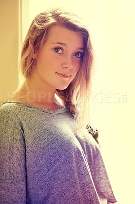 Buy stock photo Portrait, beauty and a young woman in her home to relax on the weekend during a summer morning. Innocent face, calm and retro sunlight with a casual gen z person chilling alone in her apartment 