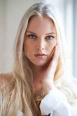 Buy stock photo Closeup portrait of an attractive woman in her bedroom