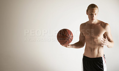 Buy stock photo Basketball, shirtless and man with fitness, health and training on a white studio background. Person, model or athlete with competition, topless or muscle with workout, talent or player with wellness