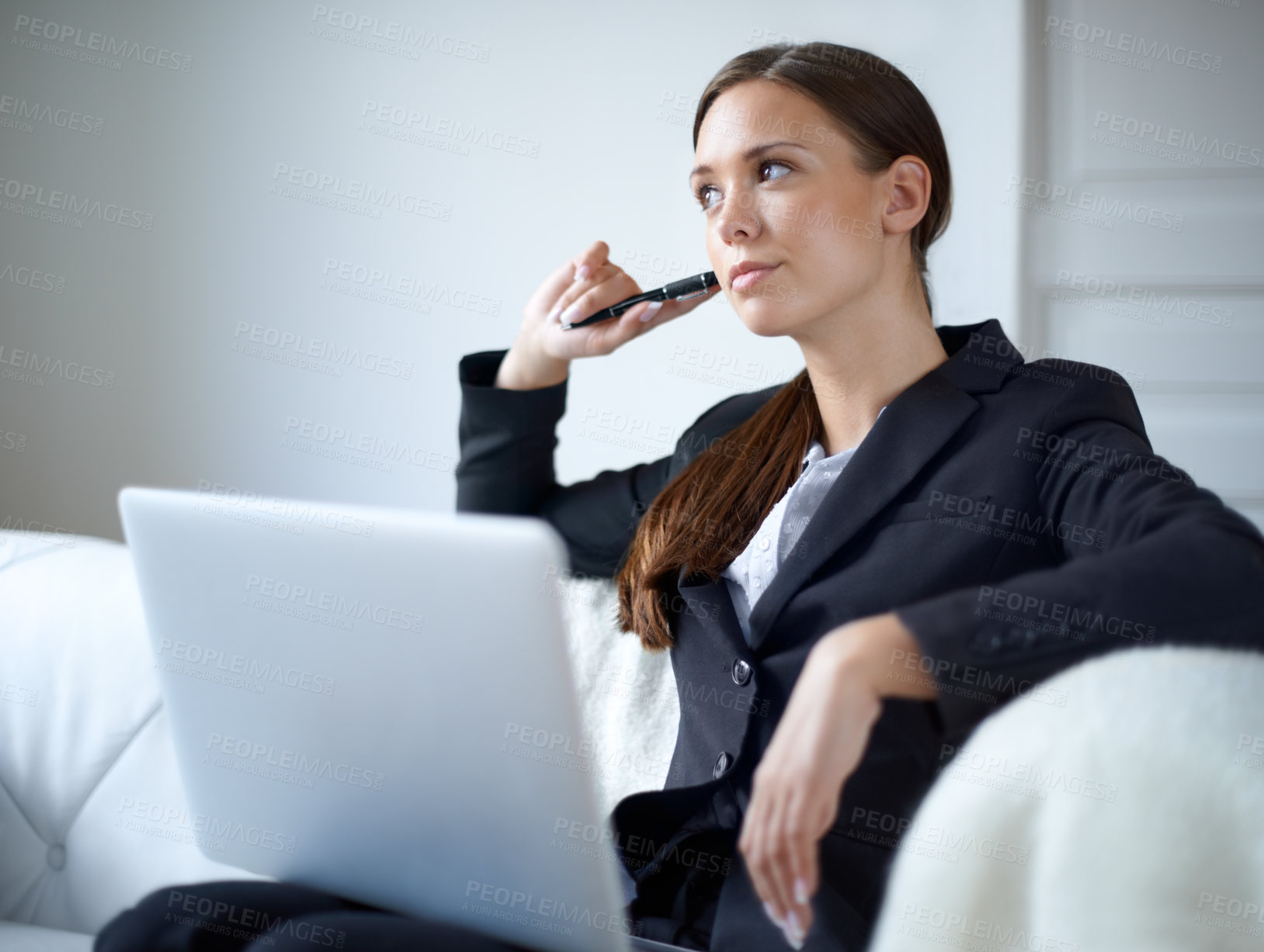 Buy stock photo Business woman, sofa and laptop for thinking with mindset, memory or idea for vision in home office. Entrepreneur, freelancer and computer with focus, goal or remote work with pen, research or tech