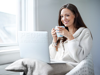 Buy stock photo Woman, coffee and happy in portrait with laptop, studying or social media in home office. Girl, student and computer with tea cup, relax and happiness for learning, education or future with smile