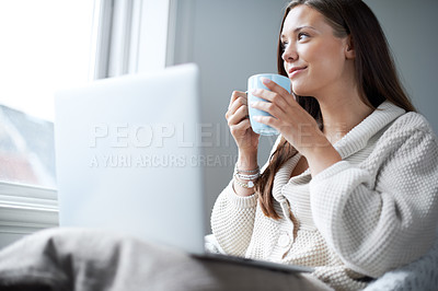 Buy stock photo Woman, coffee and laptop for thinking by window with happiness, memory or idea for vision in home. Girl, student and computer with tea cup, relax and brainstorming for learning, education and future