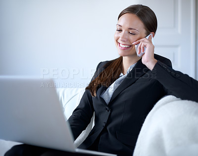 Buy stock photo Business woman, phone call and laptop on couch in home office with smile, listen or communication. Happy entrepreneur, remote work and computer with smartphone for networking or data analysis