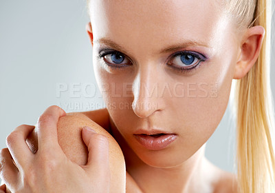 Buy stock photo Beauty, cosmetics and portrait of woman in studio with skin glow, creative facial care and luxury skincare. Dermatology, makeup and face of gen z model girl with unique aesthetic on white background.