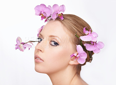 Buy stock photo Studio portrait of a gorgeous young woman with pink orchids in her hair