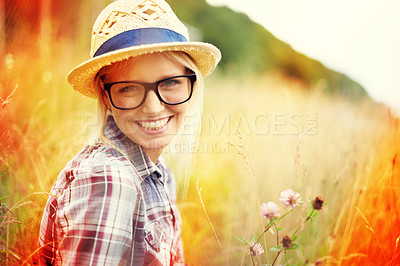 Buy stock photo Lomography portrait of a young hipster woman in a field