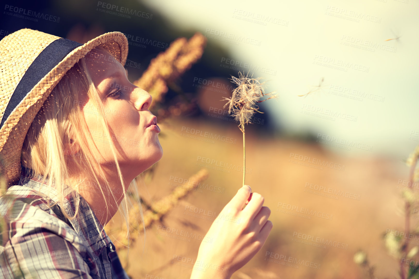 Buy stock photo Beautiful young woman wearing a straw fedora and blowing at a dandelion