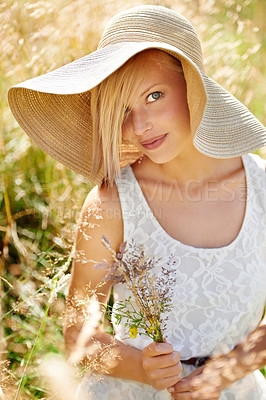Buy stock photo Spring, wheat and portrait with woman in field for sustainability, growth and environment. Nature, relax and sunshine with female person and hat in countryside meadow for summer, calm and holiday