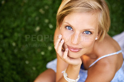 Buy stock photo Smile, nature and portrait of woman in garden for holiday in summer on outdoor adventure mockup from above. Happiness, freedom and face of girl on grass in park for vacation countryside to relax.