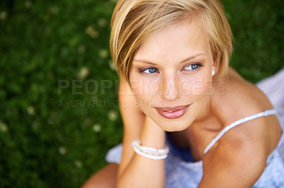 Buy stock photo Thinking, outdoor and woman with nature, relax and happiness with ideas, daydreaming and summer. Park, person and girl with wonder, fresh air and calm with peace, grass and environment with decision