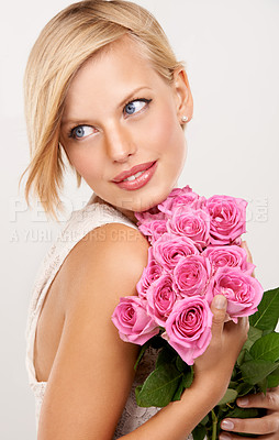 Buy stock photo Flowers, bouquet and rose with woman in studio for floral, valentines day and romance gift. Plants, beauty and happy with face of female person on white background for elegant, love and present 