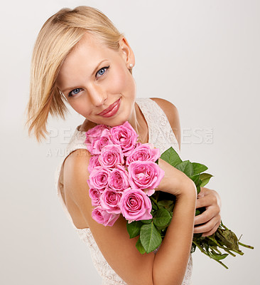 Buy stock photo Rose, bouquet and smile with portrait of woman in studio for floral, young and romance. Plants, gift and happy with female person and flowers on white background for elegant, love and present 
