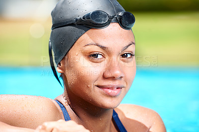 Buy stock photo Portrait, happy woman and face of athlete swimming in sunshine for challenge, underwater sports and training. Smile, swimmer and pool for performance, exercise and outdoor for triathlon competition 