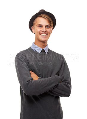 Buy stock photo Portrait, man and hipster with arms crossed, smile and employee isolated on white studio background. Face, person and model with formal clothes, hat and stylish outfit with cheerful, joy or happiness