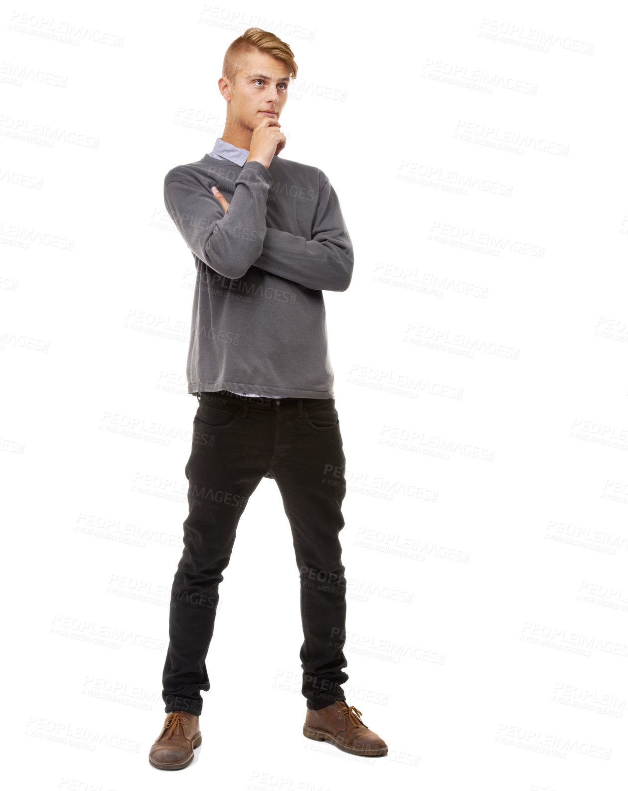 Buy stock photo Full length studio shot of a young man looking thoughtful isolated on white
