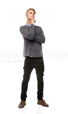 Buy stock photo Question, doubt and thinking with man, ideas and problem solving isolated on a white studio background. Person, guy and model with inspiration, brainstorming or opportunity with planning and decision