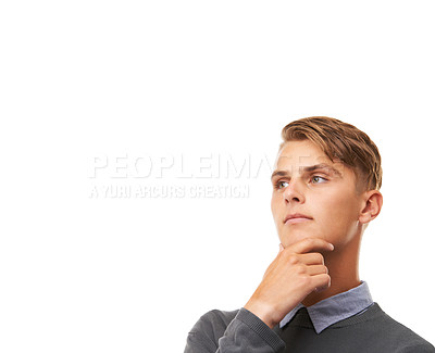 Buy stock photo Question, doubt and thinking with man, confused and problem solving isolated on white studio background. Person, guy and model with inspiration, brainstorming or opportunity with mockup space or idea