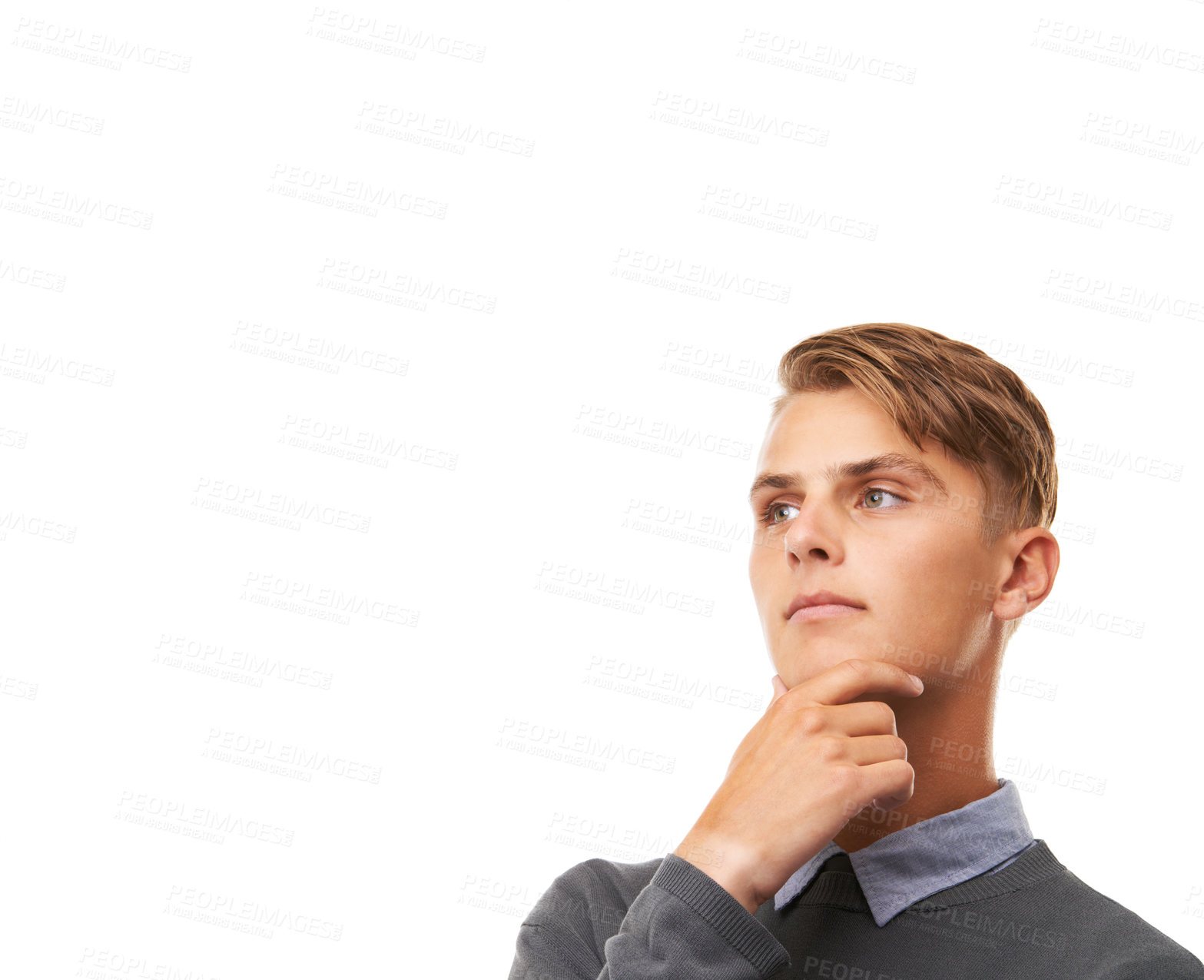 Buy stock photo Question, doubt and thinking with man, confused and problem solving isolated on white studio background. Person, guy and model with inspiration, brainstorming or opportunity with mockup space or idea