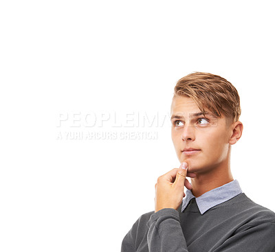Buy stock photo Question, opportunity and thinking with man, ideas or problem solving isolated on white studio background. Person, guy or model with inspiration, brainstorming or mockup space with planning or choice