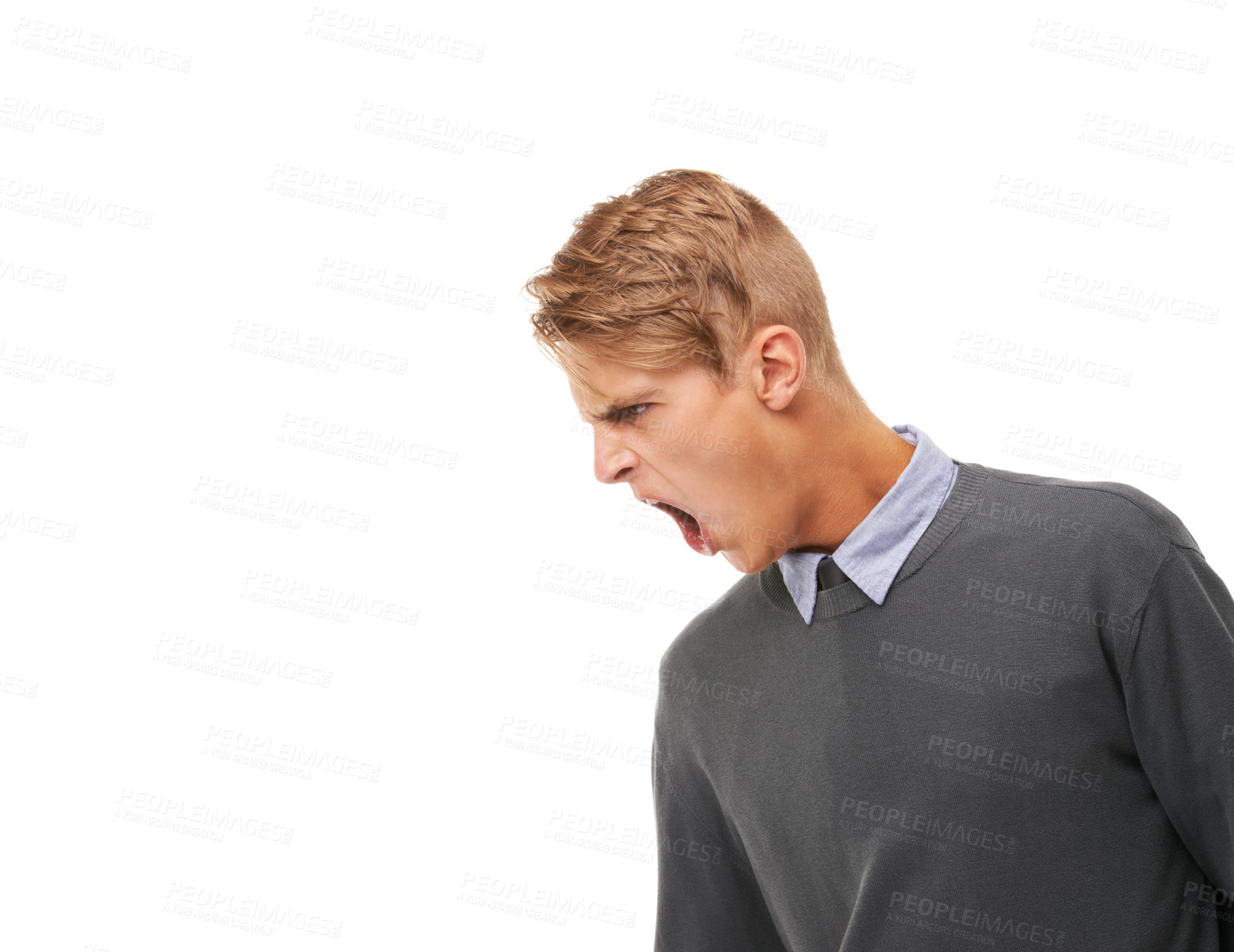 Buy stock photo Screaming, business and man with anger, stress and reaction isolated on a white studio background. Person, model and employee with emotions, burnout and frustrated with anxiety, crisis and furious