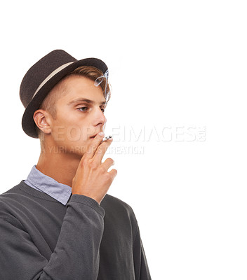 Buy stock photo Young man, hat and smoking cigarette in stylish fashion isolated against a white studio background. Cool male person, model or smoker chilling in vintage clothing or having a casual smoke on mockup