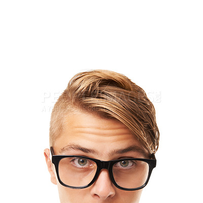 Buy stock photo Glasses, half face and portrait of man in a studio for vision, health and optical wellness. Optometry, nerd and confident young male person with spectacles or eyewear isolated by white background.