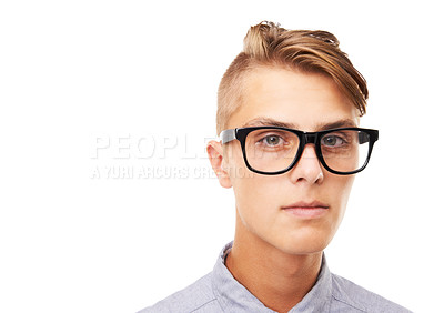 Buy stock photo Glasses, optometry and portrait of man in a studio with confused, doubt or squinting facial expression. Vision, health and young male person with spectacles or eyewear isolated by white background.