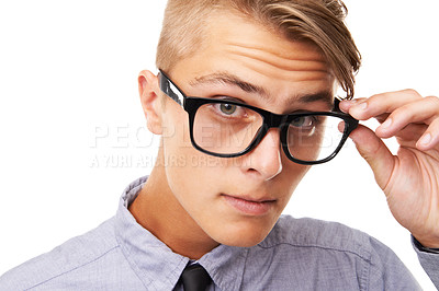Buy stock photo Spectacles, vision and portrait of man in a studio with confused, doubt or squinting facial expression. Optometry, health and young male person with glasses or eyewear isolated by white background.