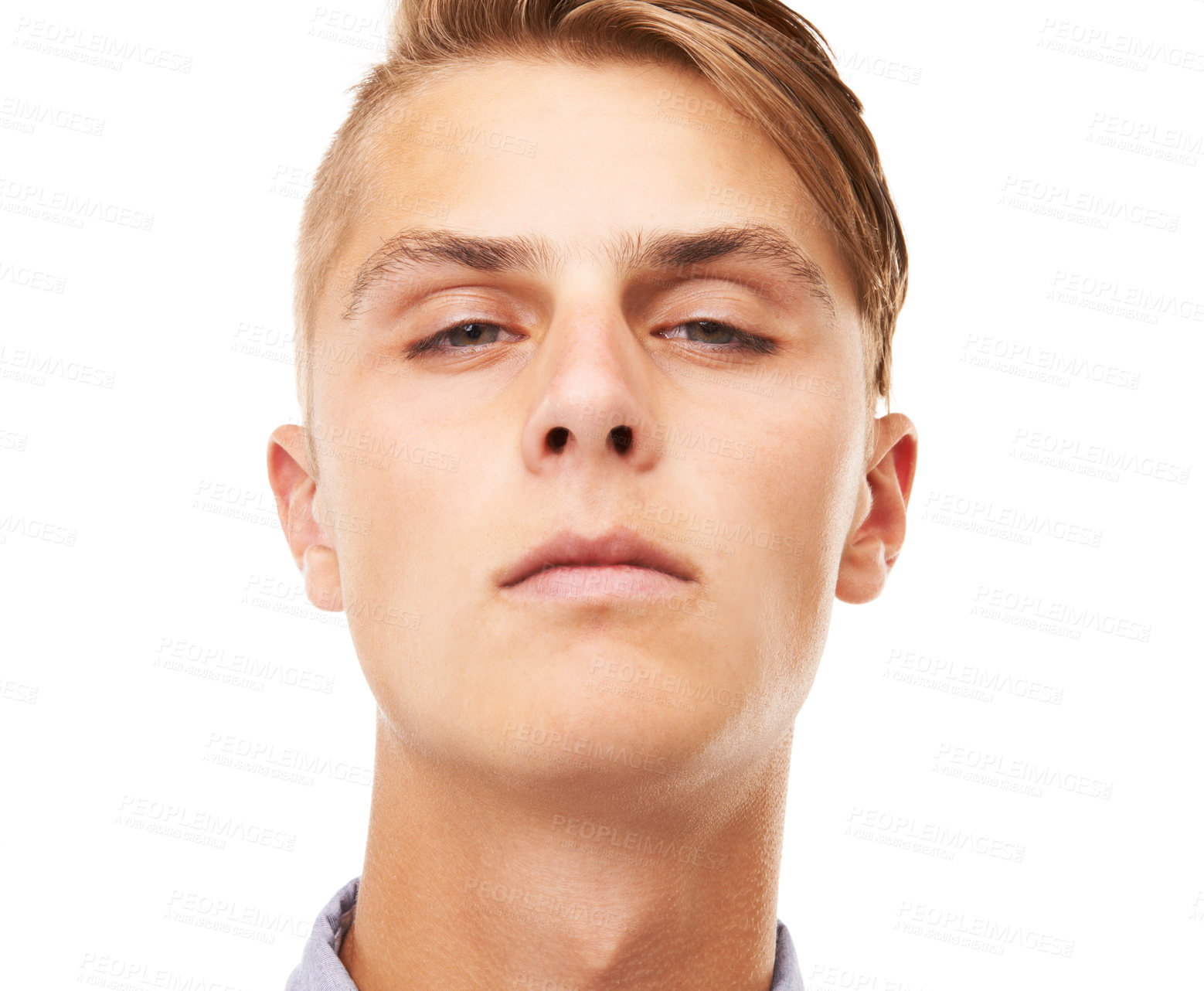 Buy stock photo Portrait, serious and a man with headshot on a white background for suspicious, mean or confident. Face, young and a guy or person on a studio backdrop for cool, attitude or looking arrogant or rude
