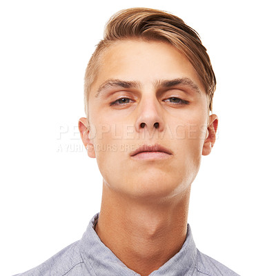 Buy stock photo Portrait, handsome and a man with a headshot on a white background as serious, mean or confident. Face, young and a guy or person on a studio backdrop for cool, attitude or looking with a stare