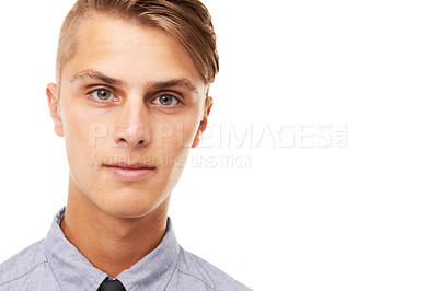 Buy stock photo Corporate, man and portrait of intern at work for law firm on white background in studio. Lawyer, internship and face of confident attorney in a tie or professional businessman mockup and space