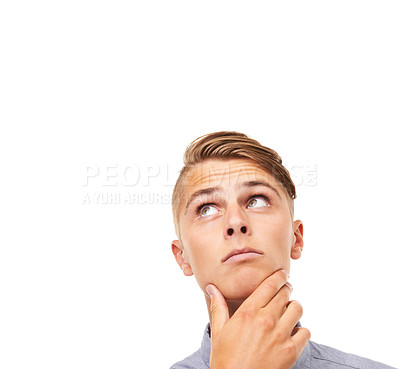 Buy stock photo Question, doubt and thinking with man, looking up and problem solving isolated on a white studio background. Person, guy and model with planning, brainstorming or opportunity with decision and choice