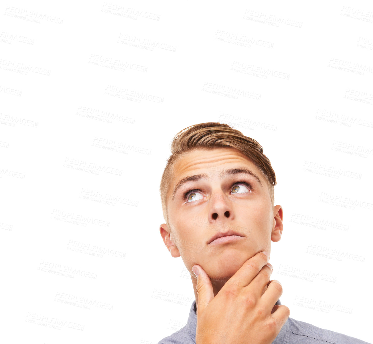 Buy stock photo Question, doubt and thinking with man, looking up and problem solving isolated on a white studio background. Person, guy and model with planning, brainstorming or opportunity with decision and choice