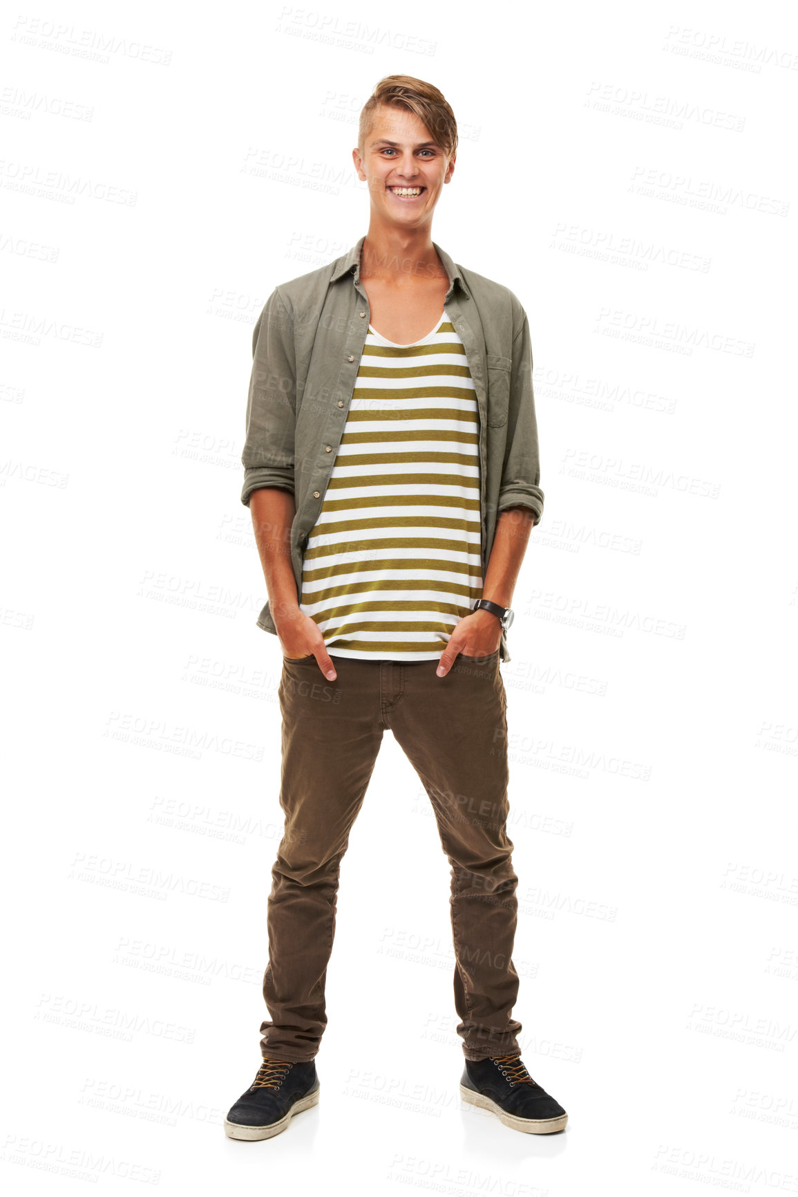 Buy stock photo Happy man, portrait and standing in casual fashion isolated against a white studio background. Young, handsome or attractive male person or model smile with hands in pocket for stylish clothing