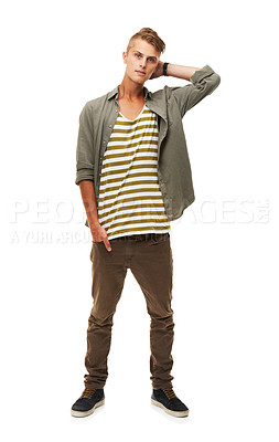 Buy stock photo Man, portrait and body standing in fashion isolated against a white studio background. Young, handsome or attractive male person or model posing with hand in pocket for casual or stylish clothing