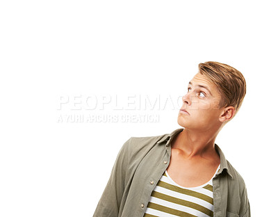 Buy stock photo Mockup, surprise and shocked man in studio with announcement, news or promo on white background. Space, wow and male model with unexpected information, giveaway or review, deal or competition results