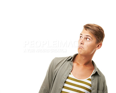 Buy stock photo Mockup, wow and shocked man in studio with surprise announcement, news or promo on white background. Space, face and male model with unexpected info, giveaway or review, deal or competition results