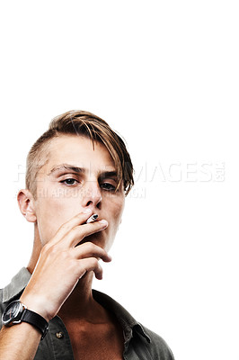 Buy stock photo Portrait, mockup or man smoking a cigarette for stress, toxic addiction or unhealthy habit to relax. Dangerous, smoker or male person in Germany to inhale tobacco on white background or studio space