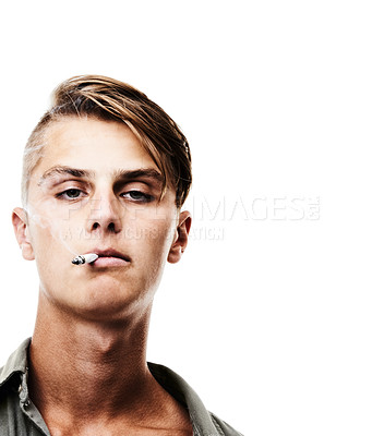 Buy stock photo Portrait, face and man smoking cigarette isolated against a white studio background. Cool, attractive or handsome male person, model or smoker chilling or having a casual smoke on mockup space