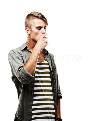 Buy stock photo Model, studio and man smoking a cigarette for stress, toxic addiction or unhealthy habit to relax. Dangerous, smoker or male person in Germany to inhale tobacco isolated by a white background alone