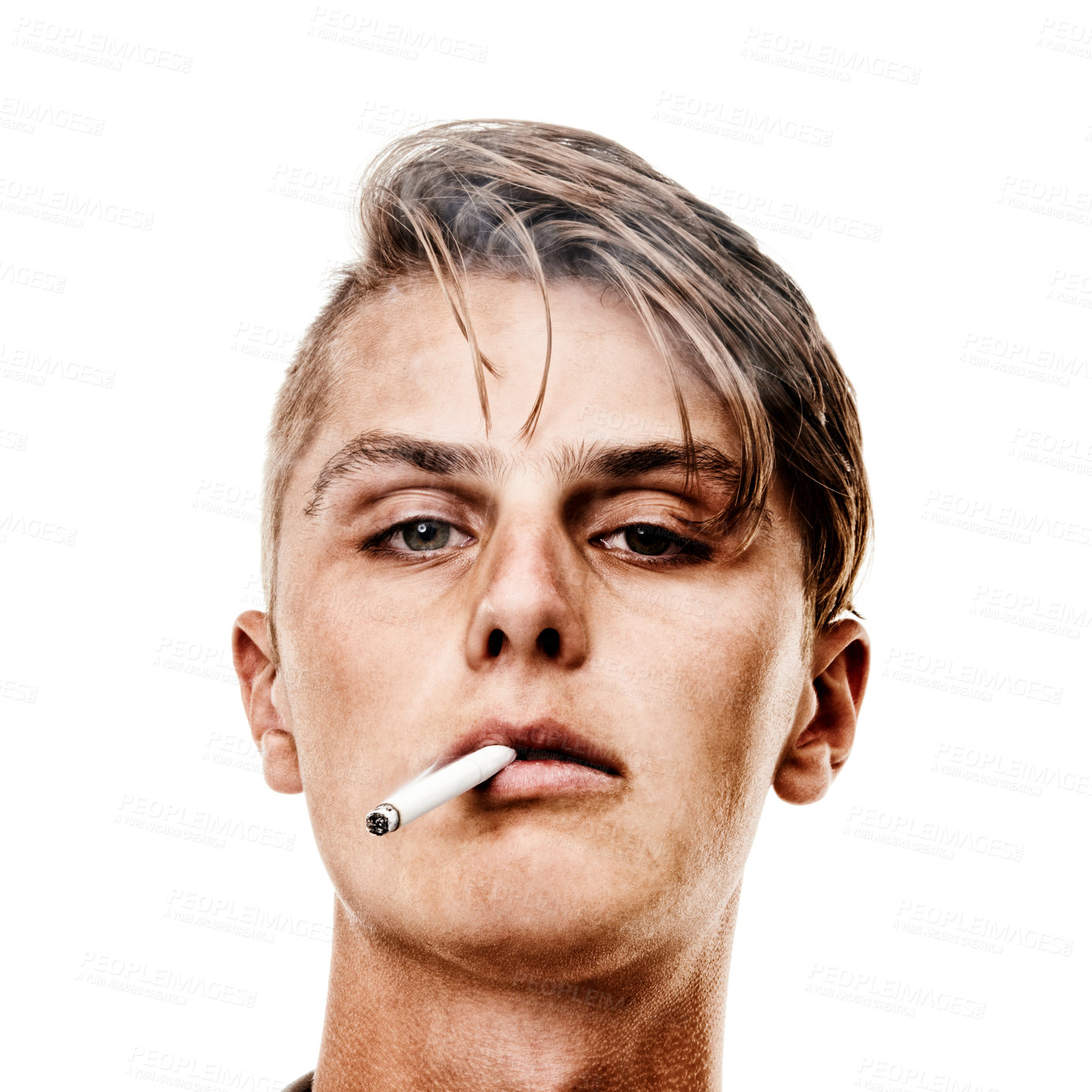 Buy stock photo Portrait, studio or man smoking a cigarette for stress, toxic addiction or unhealthy habit to relax. Dangerous, smoker or serious male person in Germany to inhale tobacco on white background alone