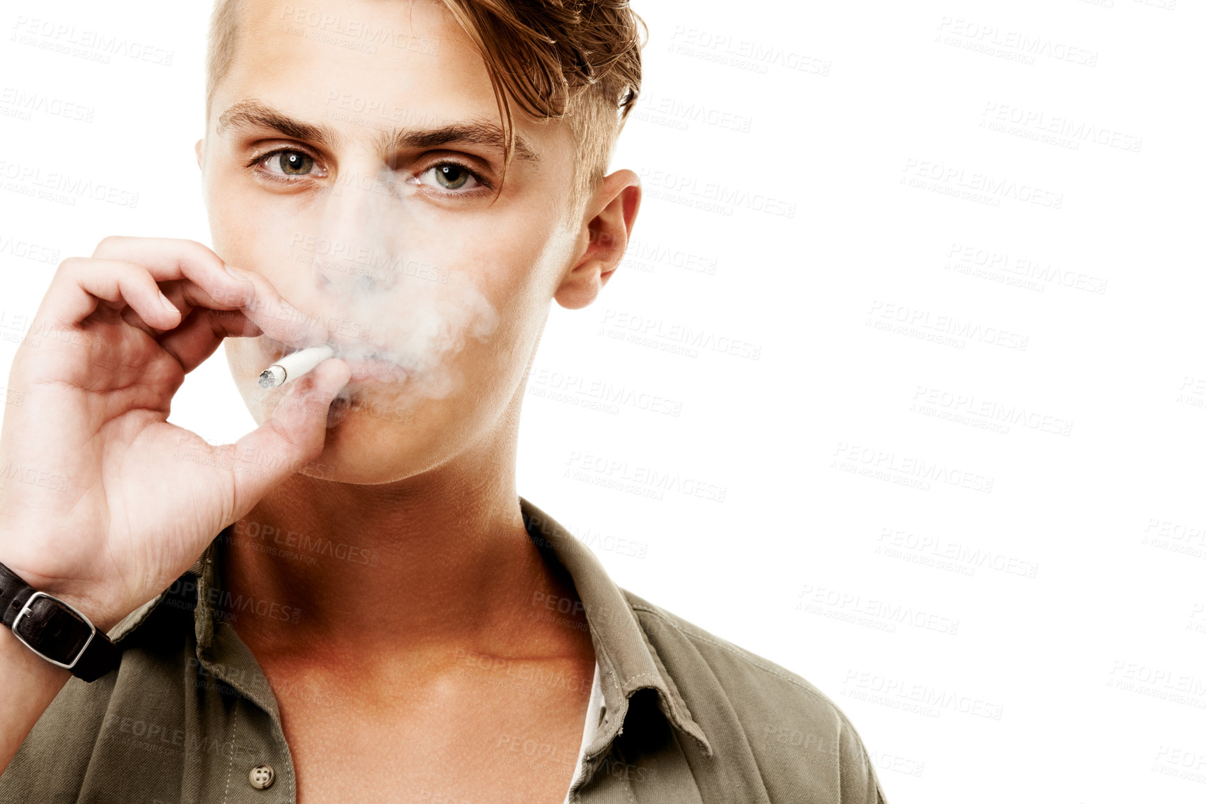 Buy stock photo Portrait, space or man smoking a cigarette for stress, toxic addiction or unhealthy habit to relax. Dangerous, smoker or male person in Germany to inhale tobacco on white background or studio mockup